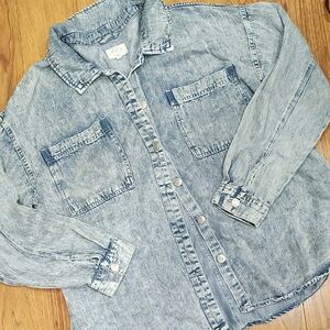 Washed Denim Button-Down Shirt - Light Blue